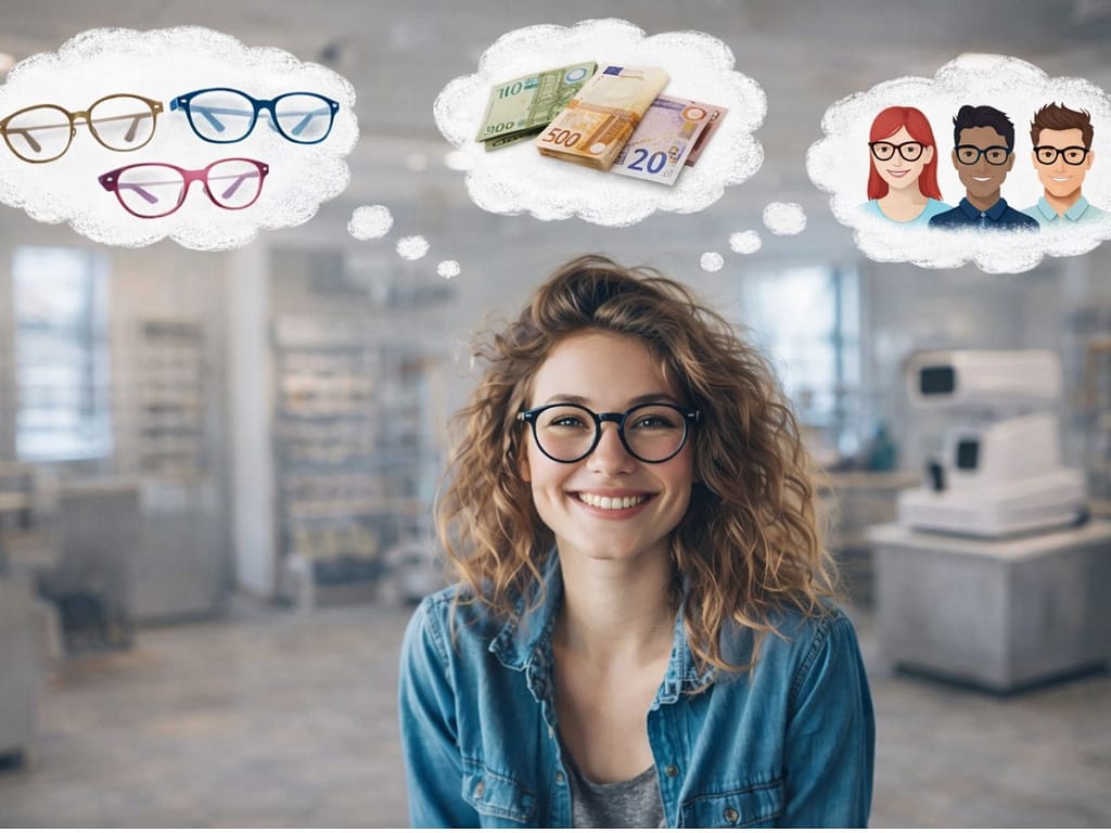 Junge Frau plant ihr erstes Optikgeschäft. Gedankenblasen über ihrem Kopf