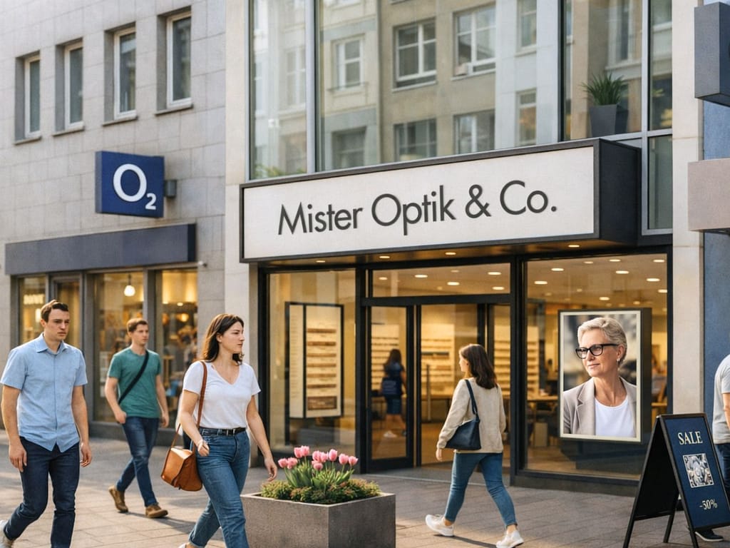 Einkaufsstrasse mit der Fassade eines Optik-Filialgeschäfts