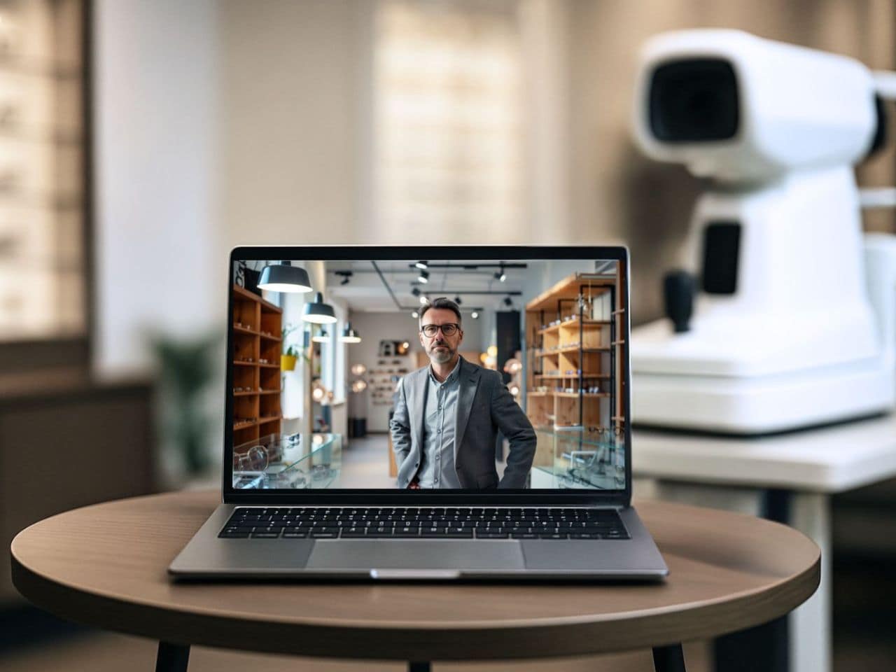 Laptop bei einem Optiker, ich Hintergrund ein optometrisches Screeninggerät.