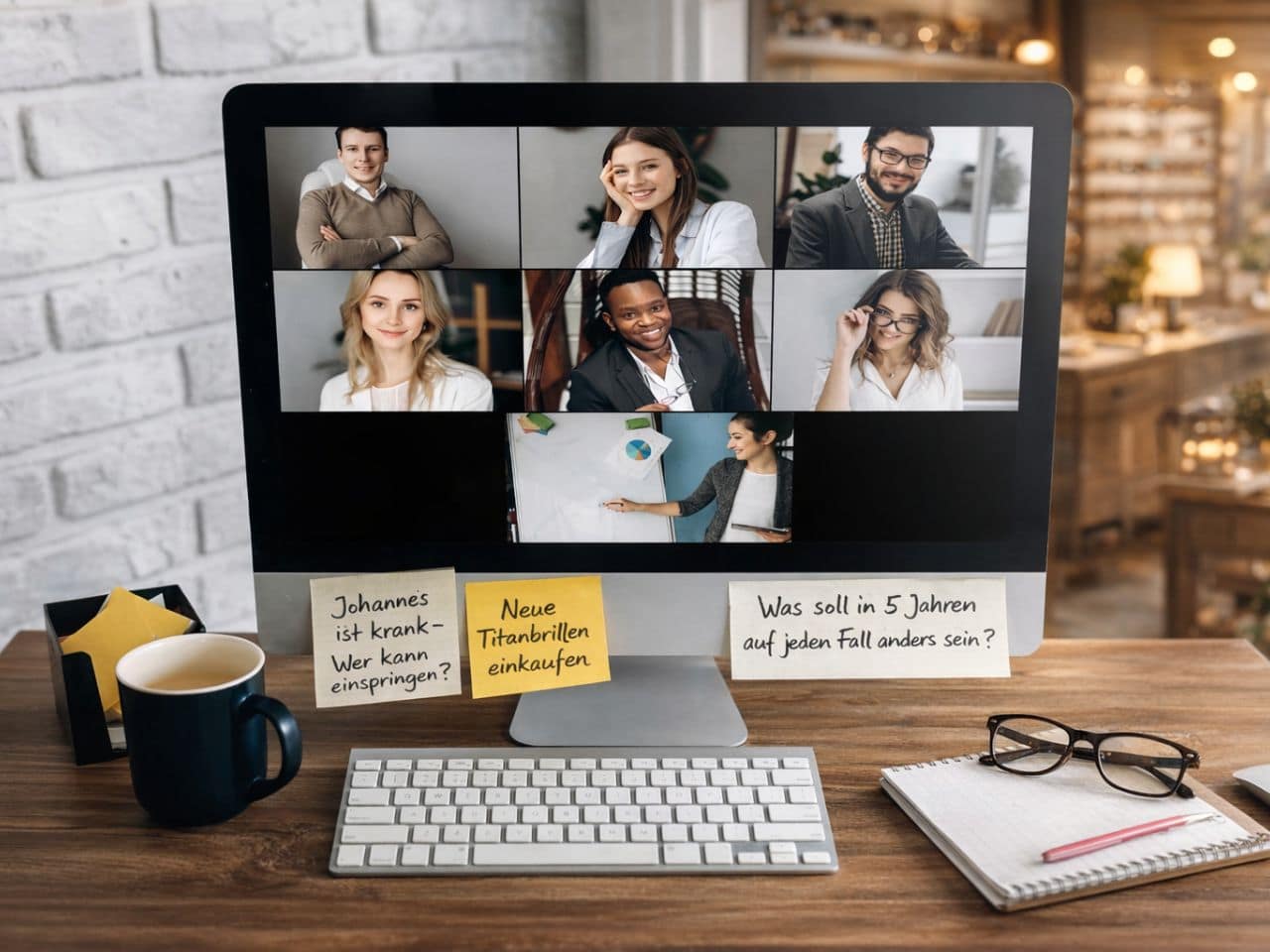 Optiker Zoom-Meeting auf dem Screen in einem Optikgeschäft