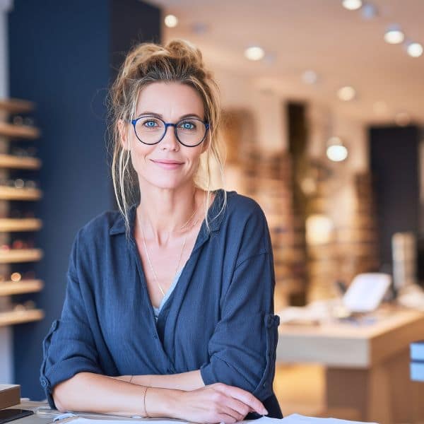 Optikerin in ihrem Geschäft guckt fragend in die Zukunft