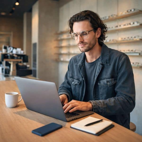 Junger Optiker am Laptop in seinem Geschäft