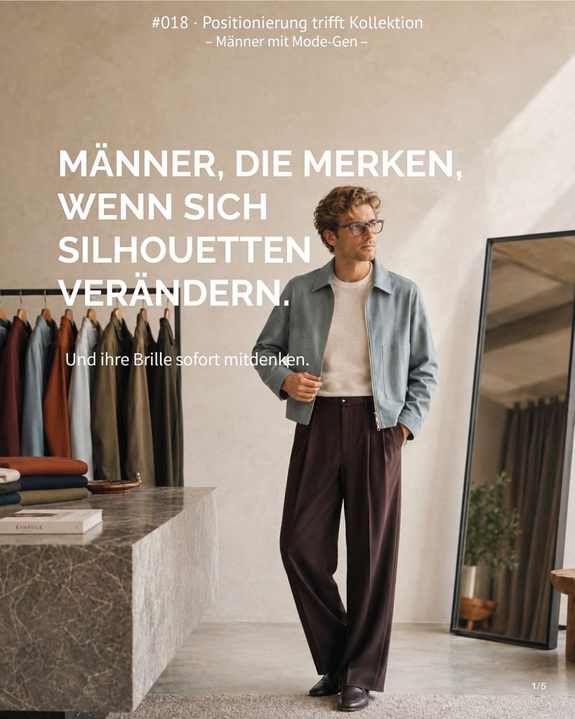 Modisch gekleideter Mann vor dem Spiegel mit einer gefüllten Kleiderstange