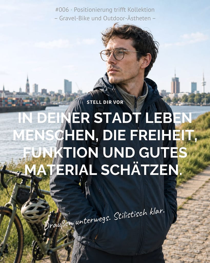Ein sportlicher angezogener Mann mit funktionaler Brille am Deich eines Flusses mit einer Stadt im Hintergrund