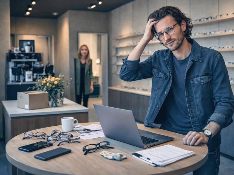 Junger Optiker überarbeitet in seinem Geschäft