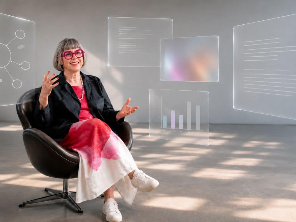 Karin Stehr sitzt in einem schwarzen Sessel und gestikuliert zwischen transparenten virtuellen Tafeln.